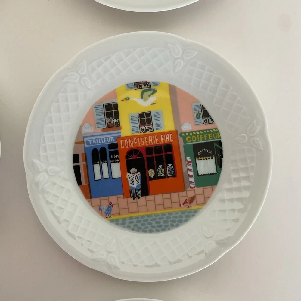 Limoges France set of Philippe Deshoulières Merchants Row Cocktail Plates NWT